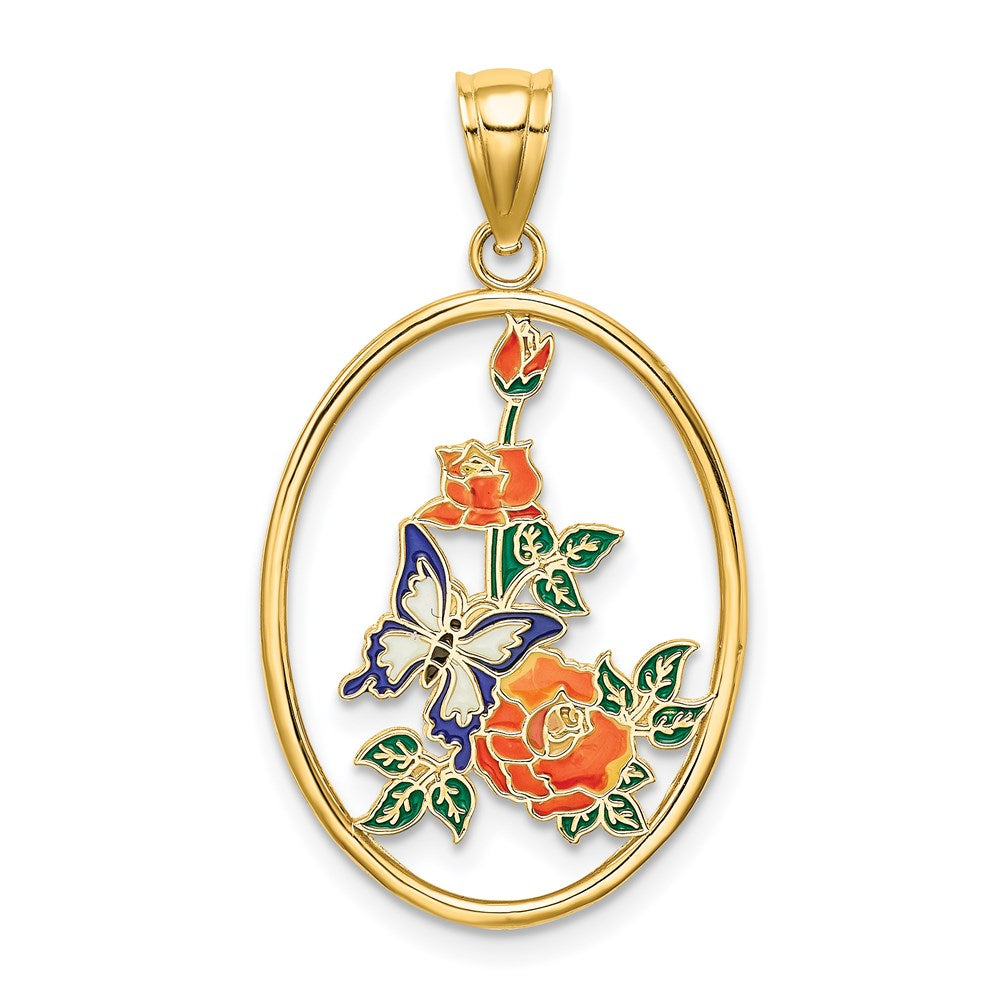 Million Charms 14K Yellow Gold Themed Enamel White Butterfly In Oval With Orange Flowers Charm