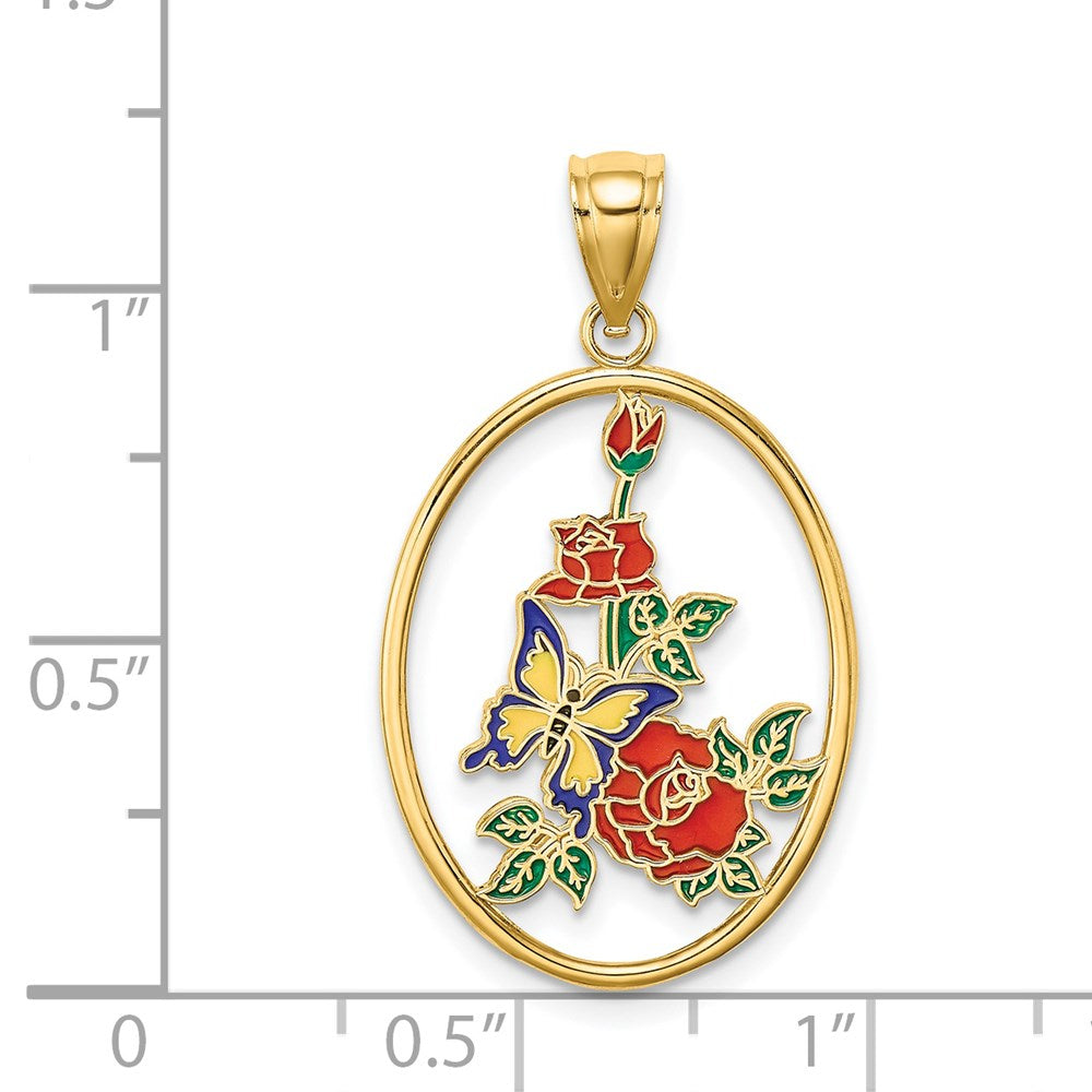 Million Charms 14K Yellow Gold Themed Enamel Yellow Butterfly In Oval Red Flower Charm