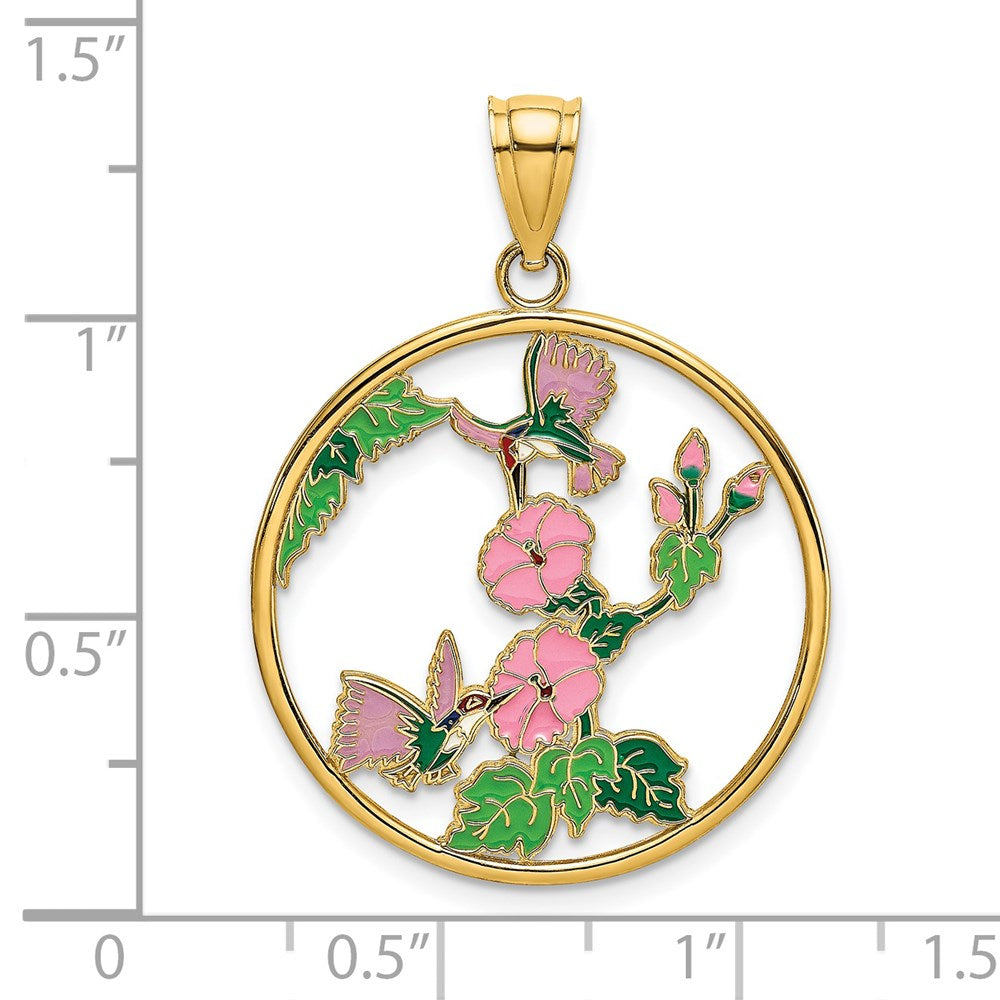 Million Charms 14K Yellow Gold Themed With Enamel Hummingbirds & Flowers In Circle Charm
