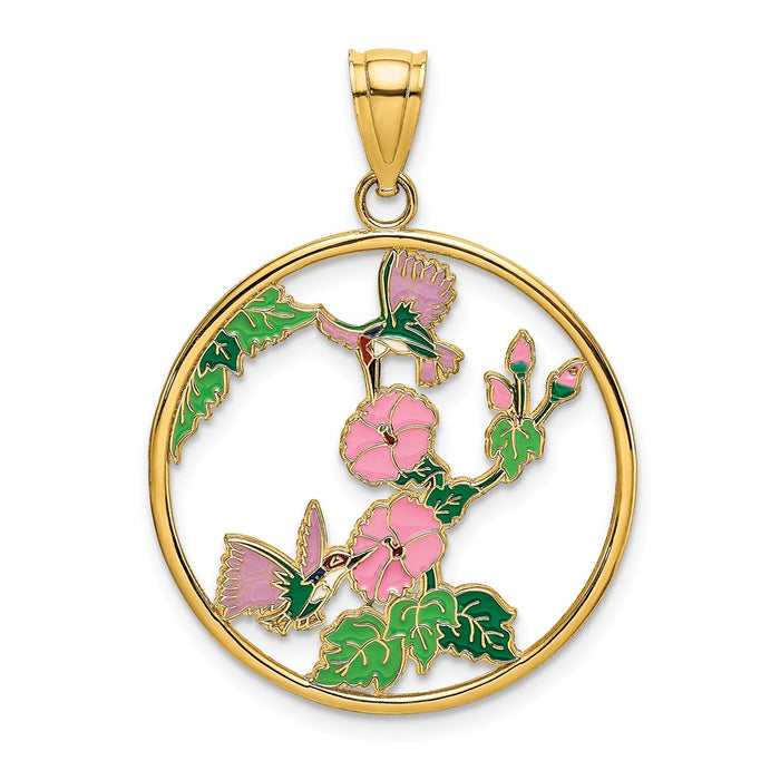 Million Charms 14K Yellow Gold Themed With Enamel Hummingbirds & Flowers In Circle Charm