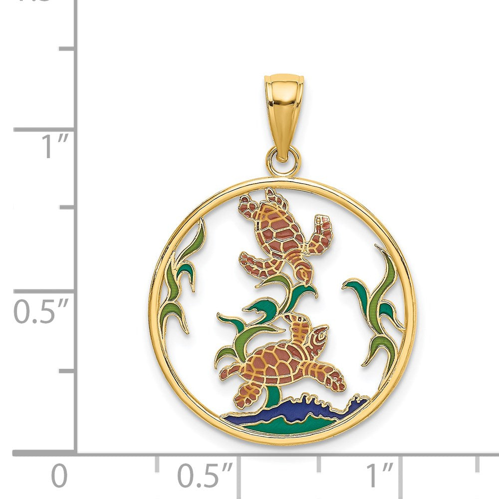 Million Charms 14K Yellow Gold Themed Enamel Sea Turtles In Circle Charm