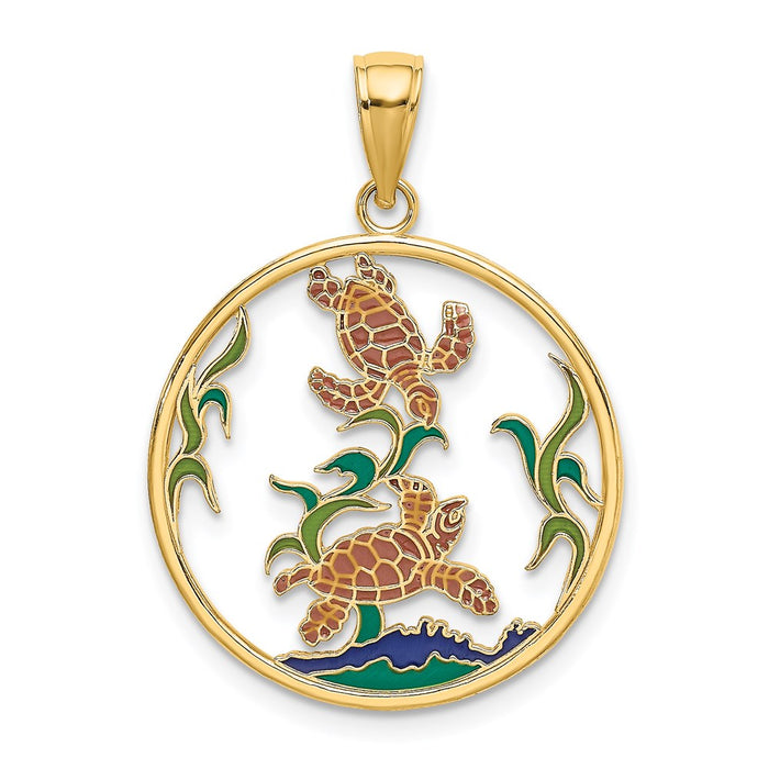 Million Charms 14K Yellow Gold Themed Enamel Sea Turtles In Circle Charm