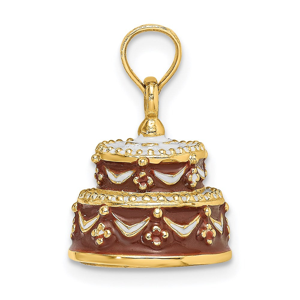 Million Charms 14K Yellow Gold Themed 3-D Happy Birthday Cake With Brown Frosting Charm