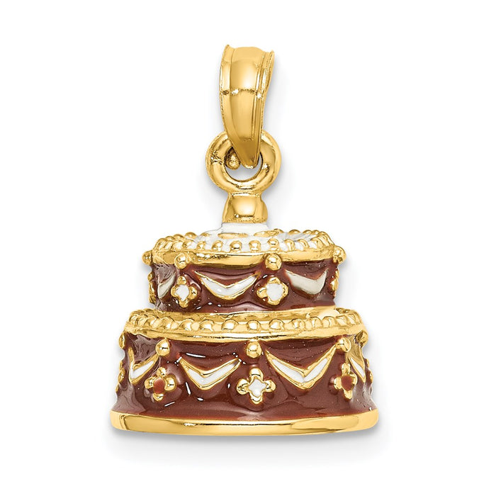 Million Charms 14K Yellow Gold Themed 3-D Happy Birthday Cake With Brown Frosting Charm