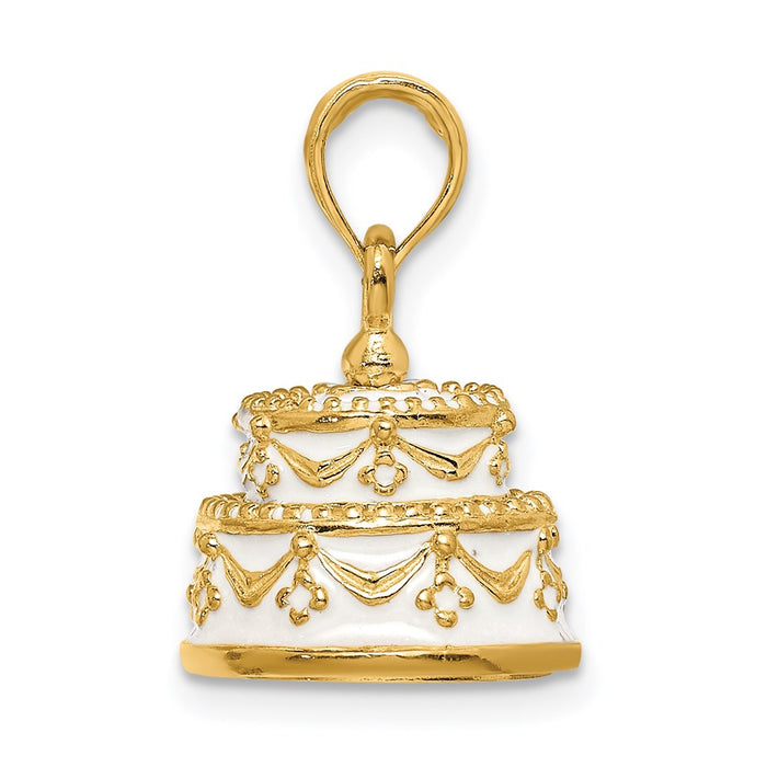 Million Charms 14K Yellow Gold Themed Polished Enameled Just Married 3-D Wedding Cake Pendant