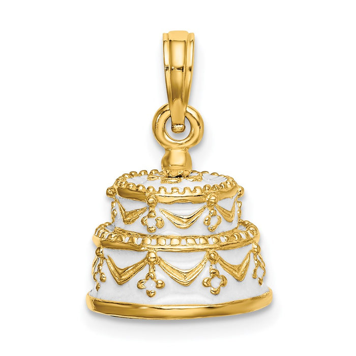 Million Charms 14K Yellow Gold Themed Polished Enameled Just Married 3-D Wedding Cake Pendant