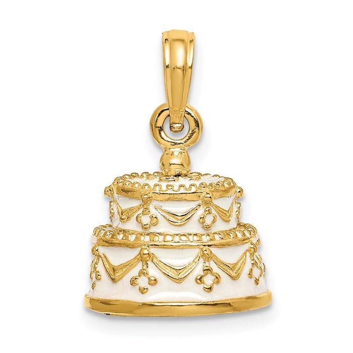 Million Charms 14K Yellow Gold Themed Polished Enameled Just Married 3-D Wedding Cake Pendant