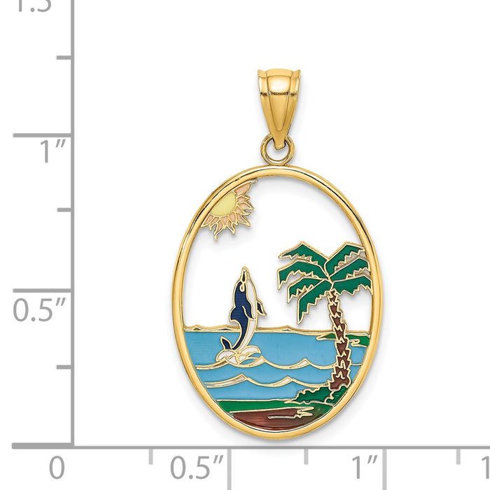 Million Charms 14K Yellow Gold Themed Enamel Dolphin Jumping In Beach Scene Charm