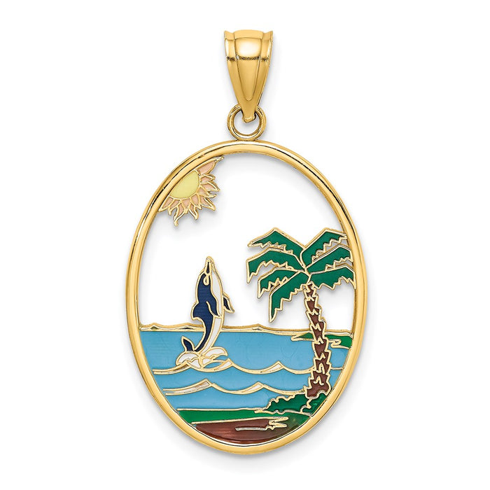 Million Charms 14K Yellow Gold Themed Enamel Dolphin Jumping In Beach Scene Charm