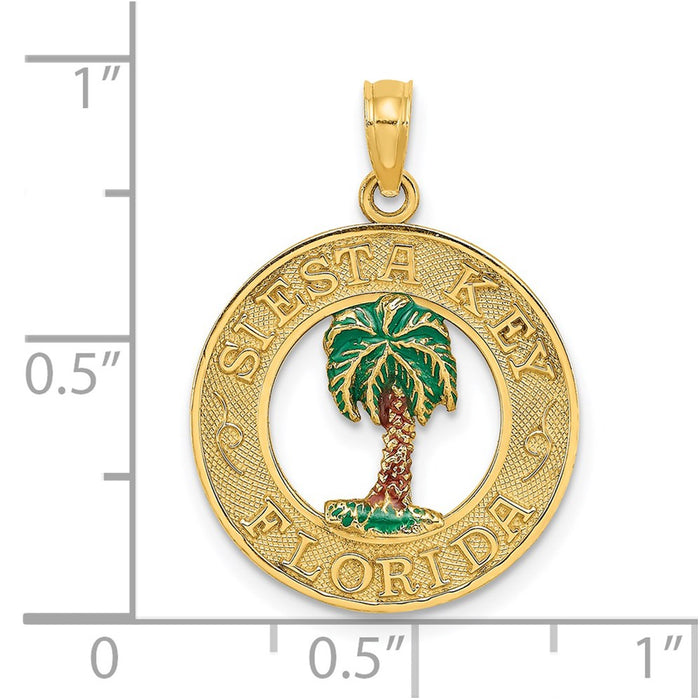 Million Charms 14K Yellow Gold Themed Siesta Key, Fl On Round Frame With Enameled Palm Tree Charm