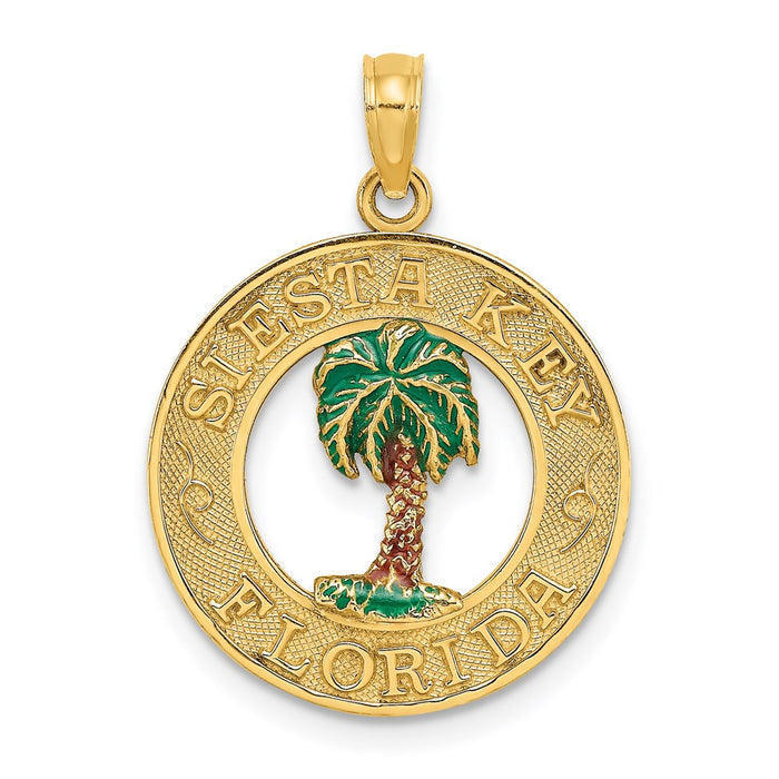 Million Charms 14K Yellow Gold Themed Siesta Key, Fl On Round Frame With Enameled Palm Tree Charm