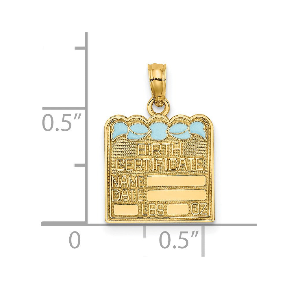 Million Charms 14K Yellow Gold Themed Birth Certificate With Light Blue Enamel Bow Charm