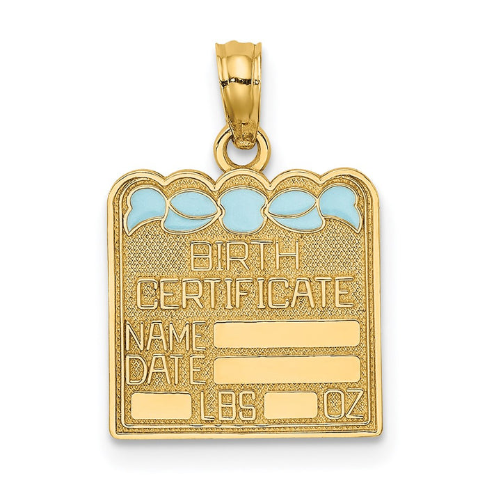 Million Charms 14K Yellow Gold Themed Birth Certificate With Light Blue Enamel Bow Charm