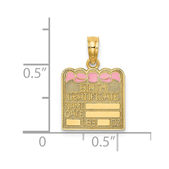 Million Charms 14K Yellow Gold Themed Birth Certificate With Pink Enamel Bow Charm