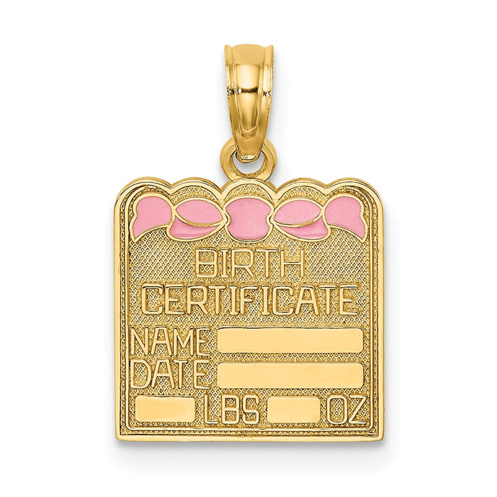 Million Charms 14K Yellow Gold Themed Birth Certificate With Pink Enamel Bow Charm