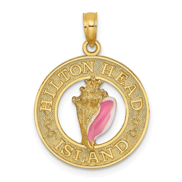 Million Charms 14K Yellow Gold Themed Hilton Head Island On Round Frame With Enamel Conch Shell Charm