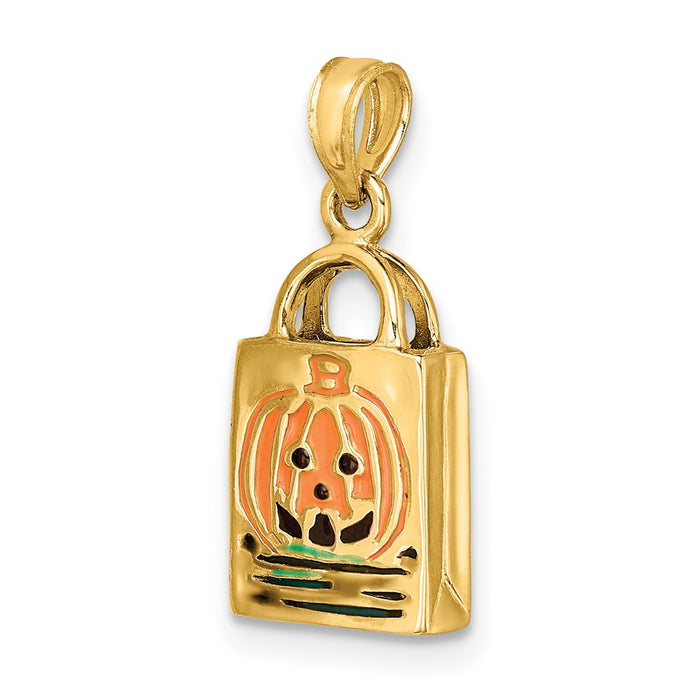 Million Charms 14K Yellow Gold Themed 3-D Enameled Jack-O-Lantern Trick Or Treat Bag Charm