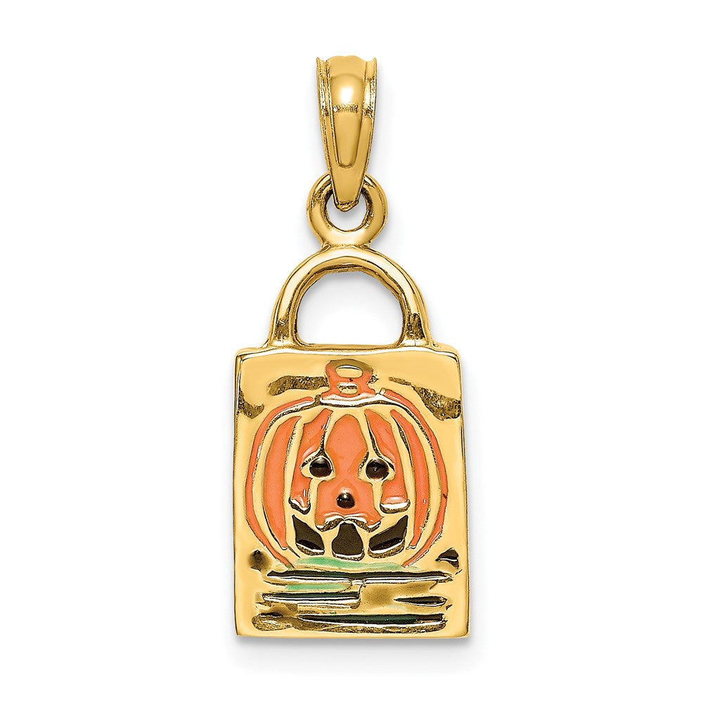 Million Charms 14K Yellow Gold Themed 3-D Enameled Jack-O-Lantern Trick Or Treat Bag Charm