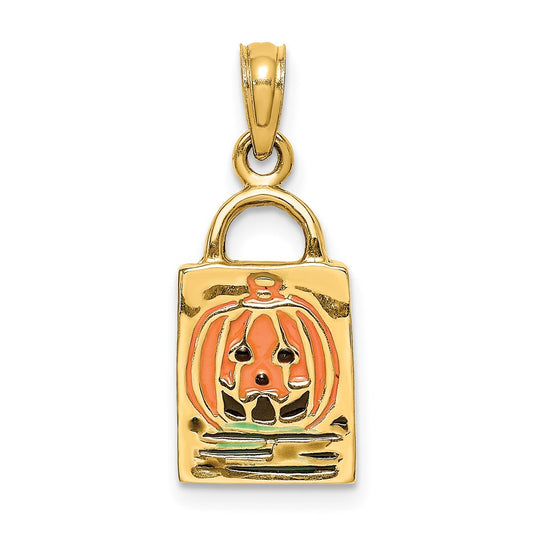 Million Charms 14K Yellow Gold Themed 3-D Enameled Jack-O-Lantern Trick Or Treat Bag Charm