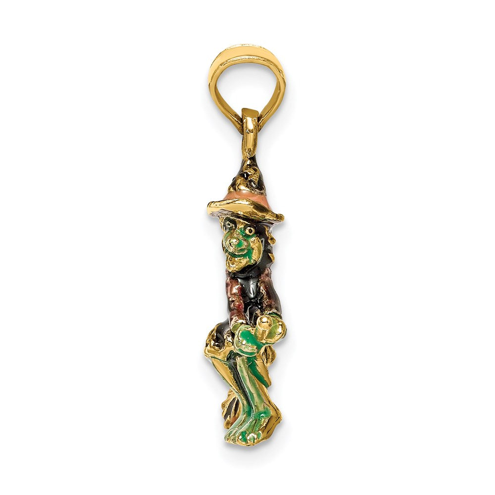 Million Charms 14K Yellow Gold Themed 3-D Enameled Witch Flying On Broom Charm