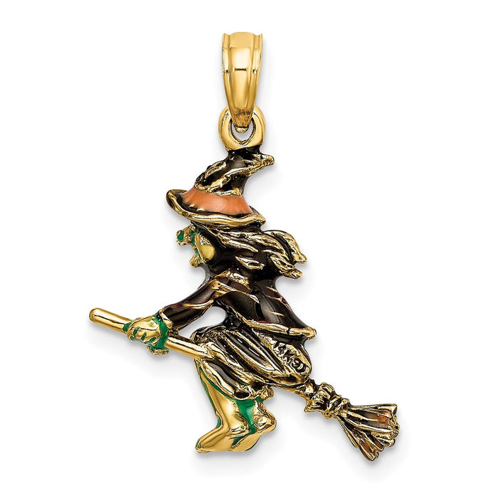 Million Charms 14K Yellow Gold Themed 3-D Enameled Witch Flying On Broom Charm
