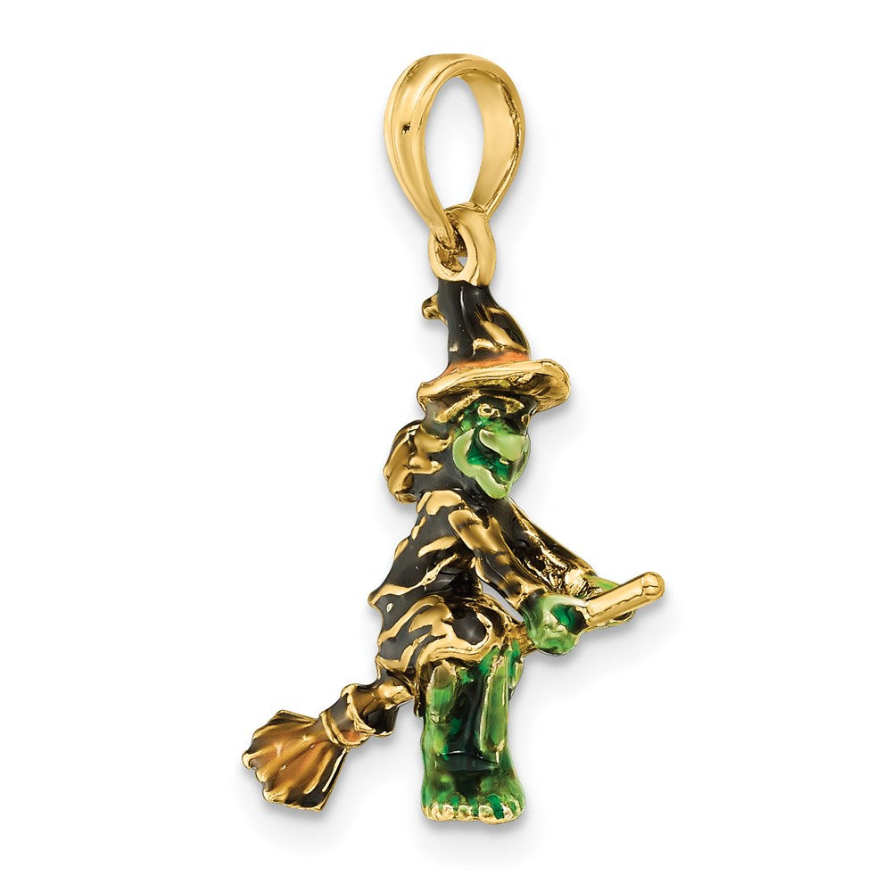 Million Charms 14K Yellow Gold Themed 3-D Enameled Witch Flying On Broom Charm