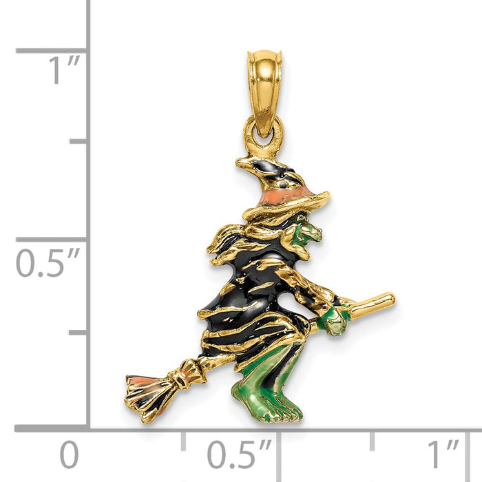 Million Charms 14K Yellow Gold Themed 3-D Enameled Witch Flying On Broom Charm