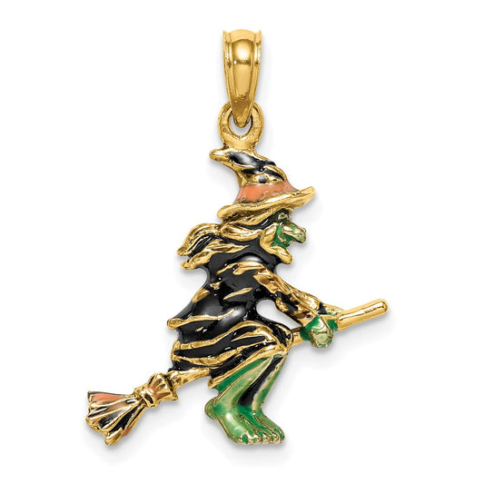 Million Charms 14K Yellow Gold Themed 3-D Enameled Witch Flying On Broom Charm