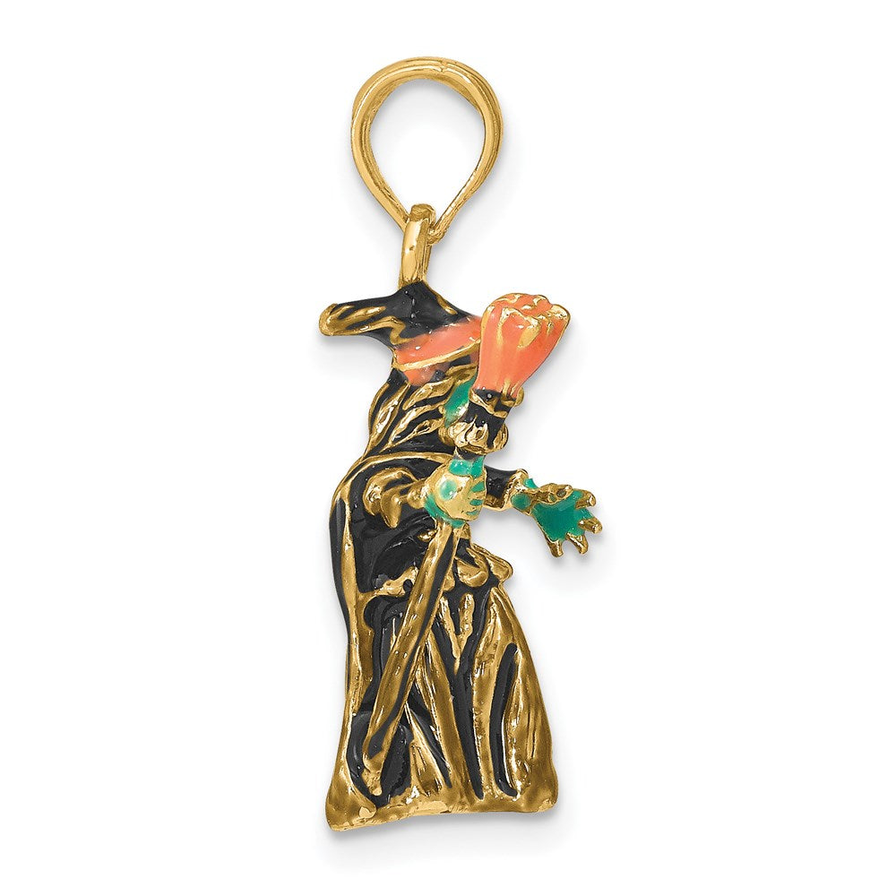 Million Charms 14K Yellow Gold Themed 3-D Enameled Witch With Broom Charm