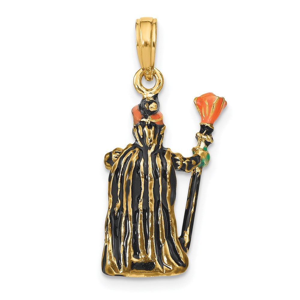 Million Charms 14K Yellow Gold Themed 3-D Enameled Witch With Broom Charm