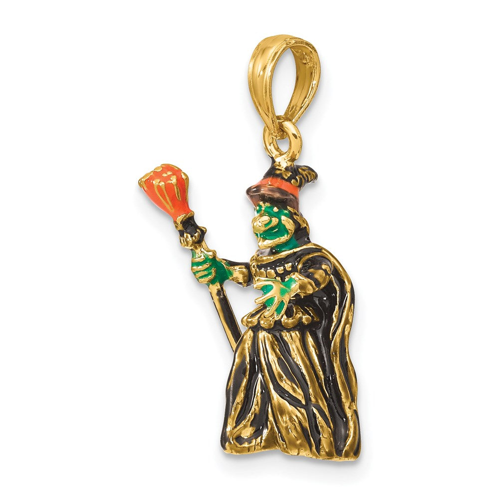 Million Charms 14K Yellow Gold Themed 3-D Enameled Witch With Broom Charm