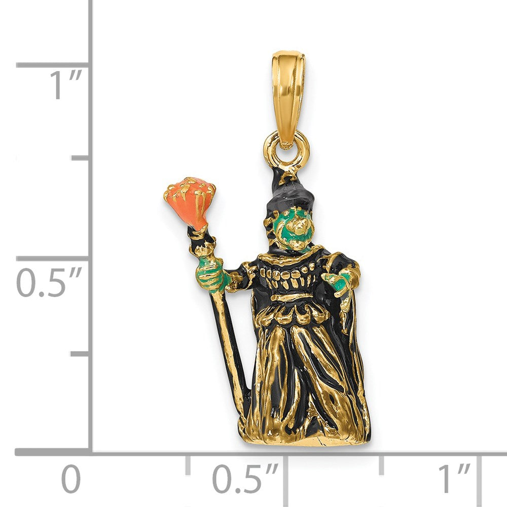 Million Charms 14K Yellow Gold Themed 3-D Enameled Witch With Broom Charm