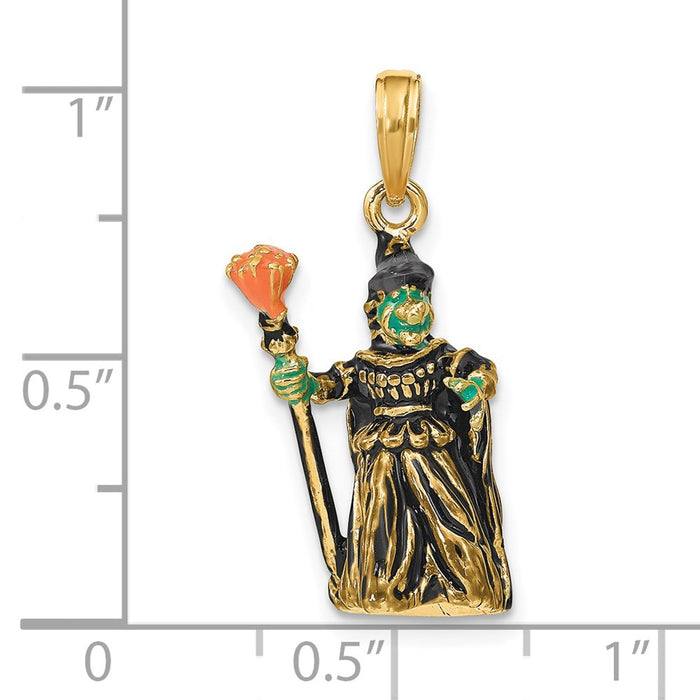 Million Charms 14K Yellow Gold Themed 3-D Enameled Witch With Broom Charm