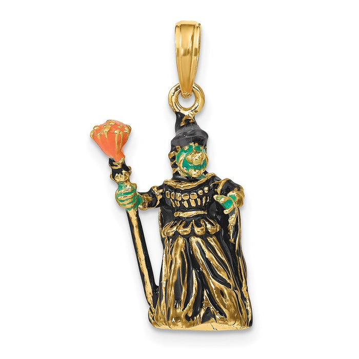 Million Charms 14K Yellow Gold Themed 3-D Enameled Witch With Broom Charm