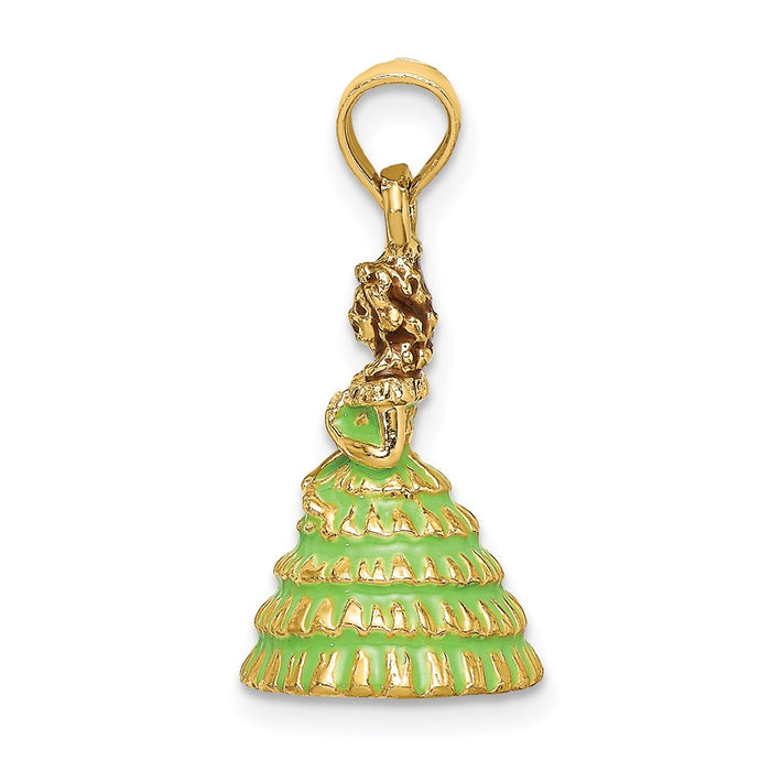 Million Charms 14K Yellow Gold Themed 3-D With Green Dress Enamel Charleston Southern Belle Charm