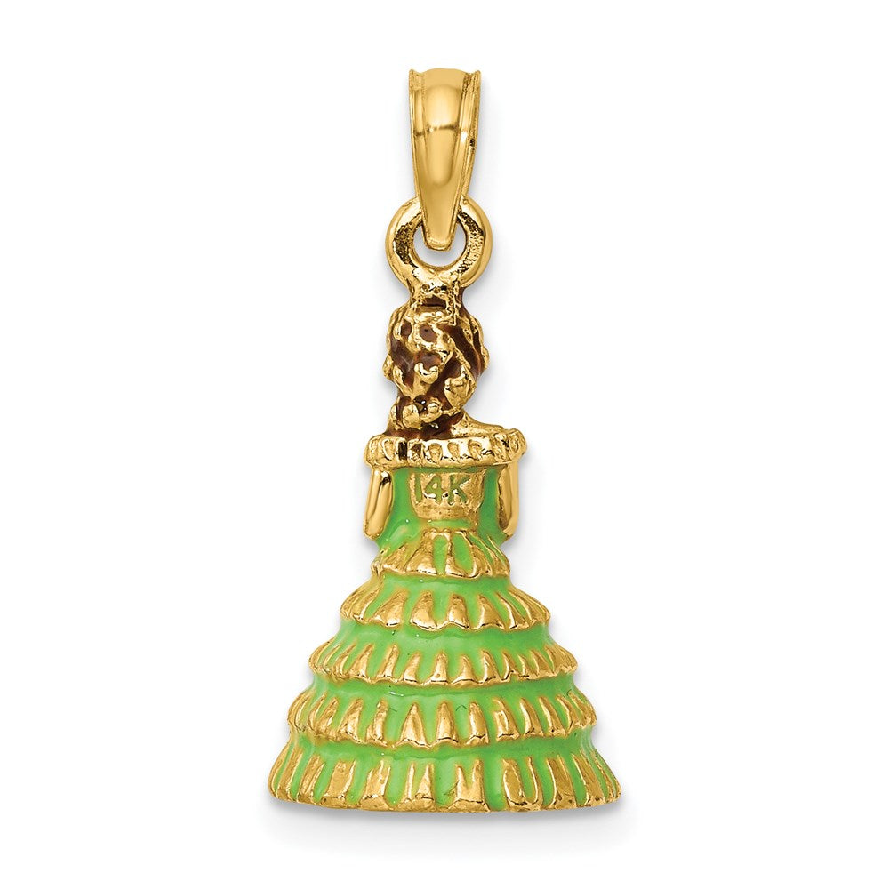 Million Charms 14K Yellow Gold Themed 3-D With Green Dress Enamel Charleston Southern Belle Charm