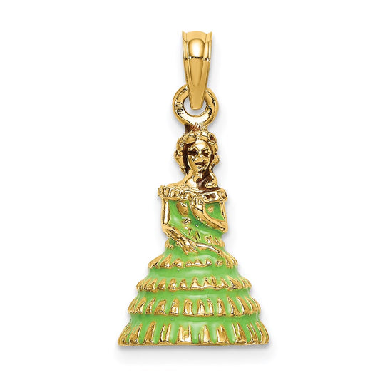 Million Charms 14K Yellow Gold Themed 3-D With Green Dress Enamel Charleston Southern Belle Charm