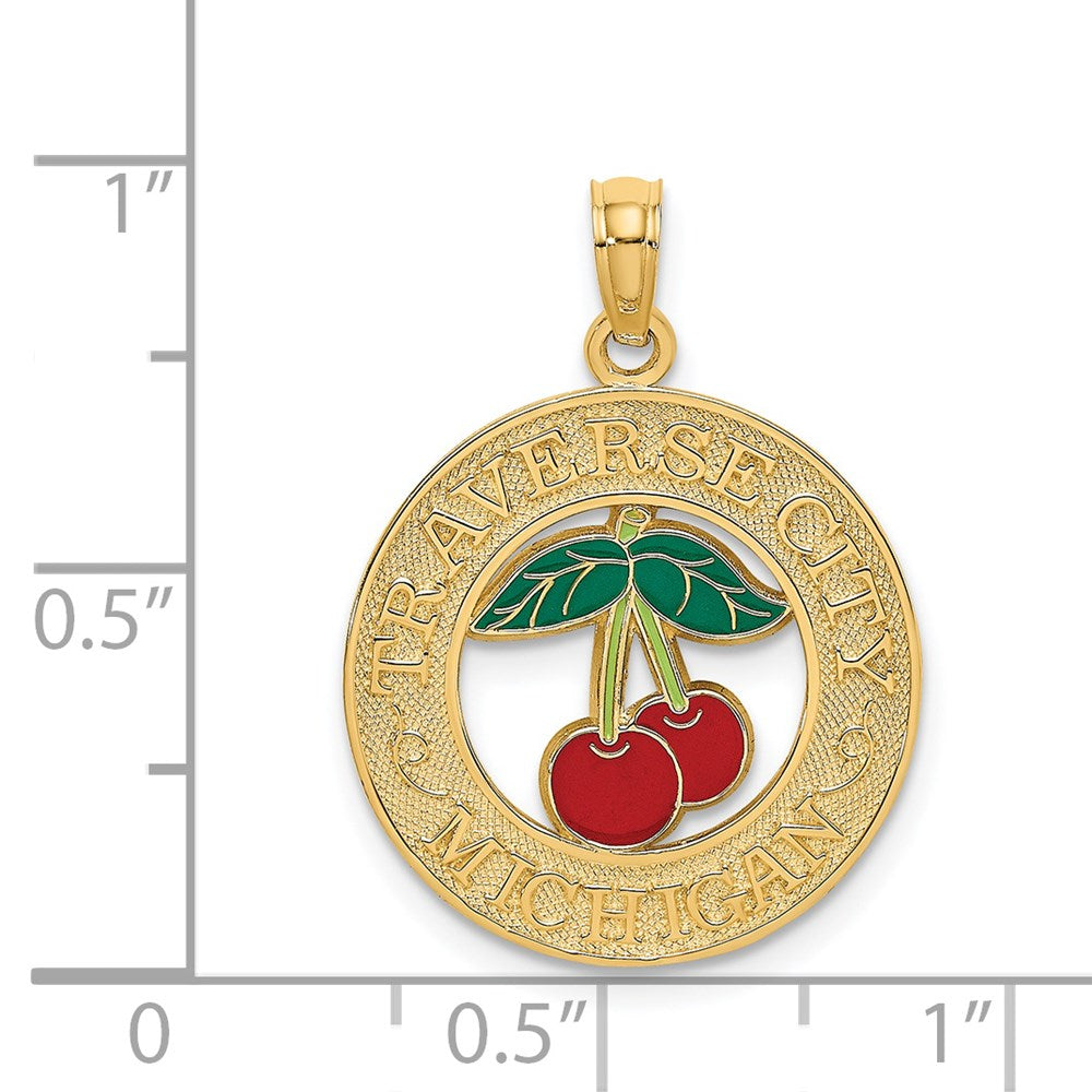 Million Charms 14K Yellow Gold Themed Traverse City, Mi On Round Frame With Enamel Cherry Charm