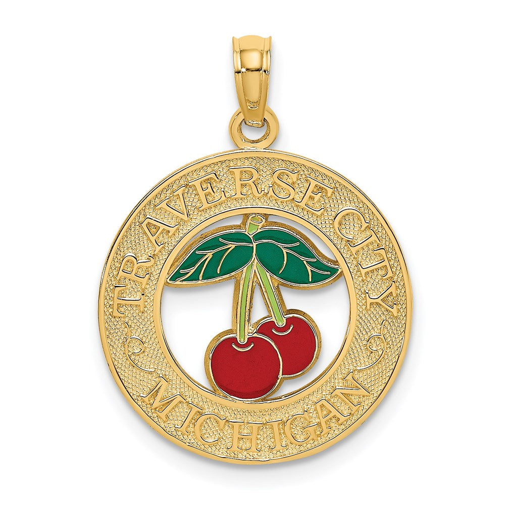 Million Charms 14K Yellow Gold Themed Traverse City, Mi On Round Frame With Enamel Cherry Charm