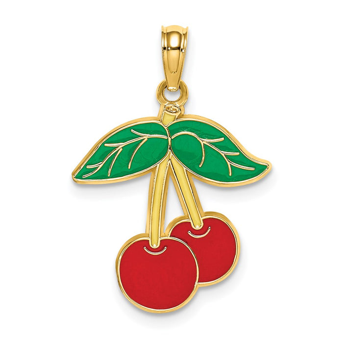 Million Charms 14K Yellow Gold Themed Cherries With Enamel Stem & Leaf / Flat