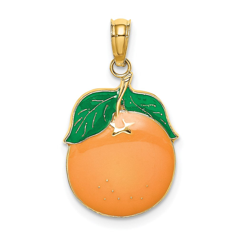 Million Charms 14K Yellow Gold Themed Enamel Orange With Stem & Leaf / 2-D