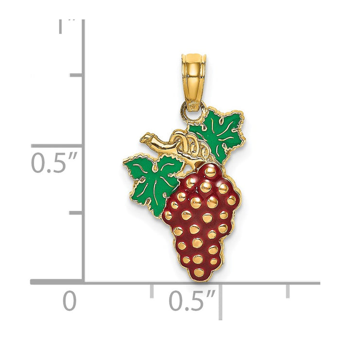 Million Charms 14K Yellow Gold Themed With Enamel 2-D Grapes With Stem & Leaf Charm