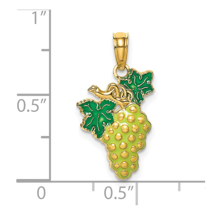 Million Charms 14K Yellow Gold Themed With Enamel 2-D Grapes With Stem & Leaf Charm