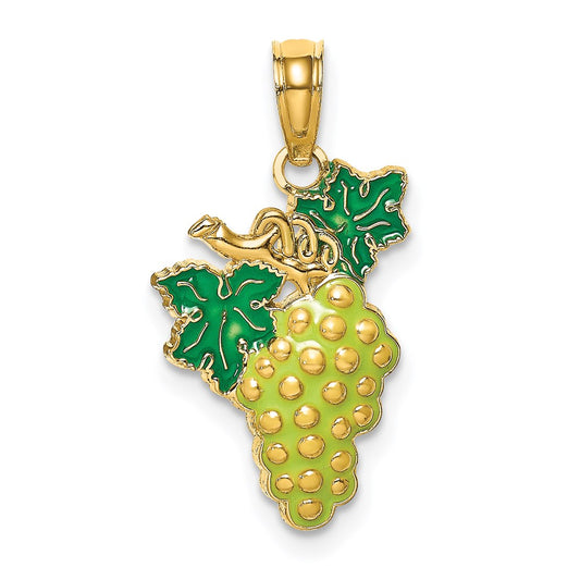 Million Charms 14K Yellow Gold Themed With Enamel 2-D Grapes With Stem & Leaf Charm