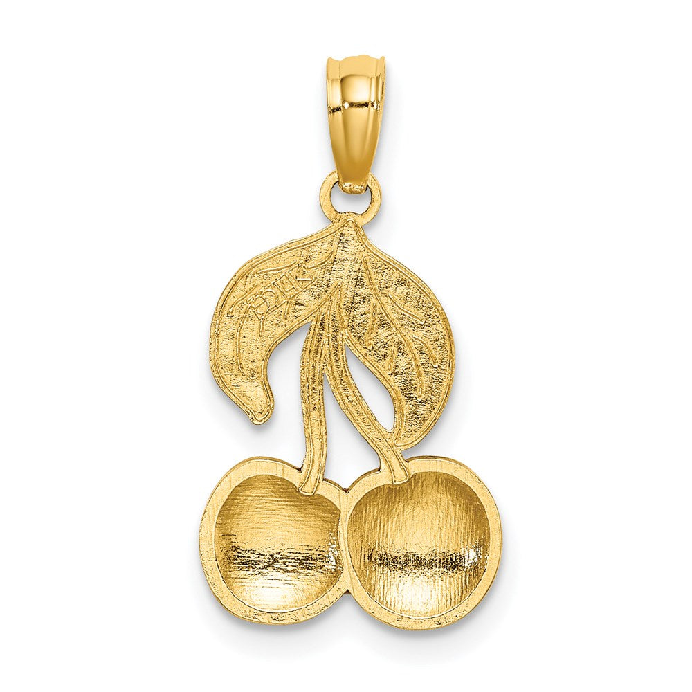 Million Charms 14K Yellow Gold Themed With Enamel 2-D Cherries With Stem & Leaf Charm