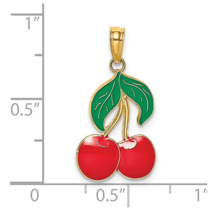 Million Charms 14K Yellow Gold Themed With Enamel 2-D Cherries With Stem & Leaf Charm