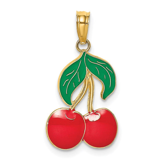 Million Charms 14K Yellow Gold Themed With Enamel 2-D Cherries With Stem & Leaf Charm