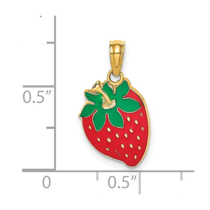 Million Charms 14K Yellow Gold Themed With Enamel 2-D Strawberry With Stem & Leaf Charm