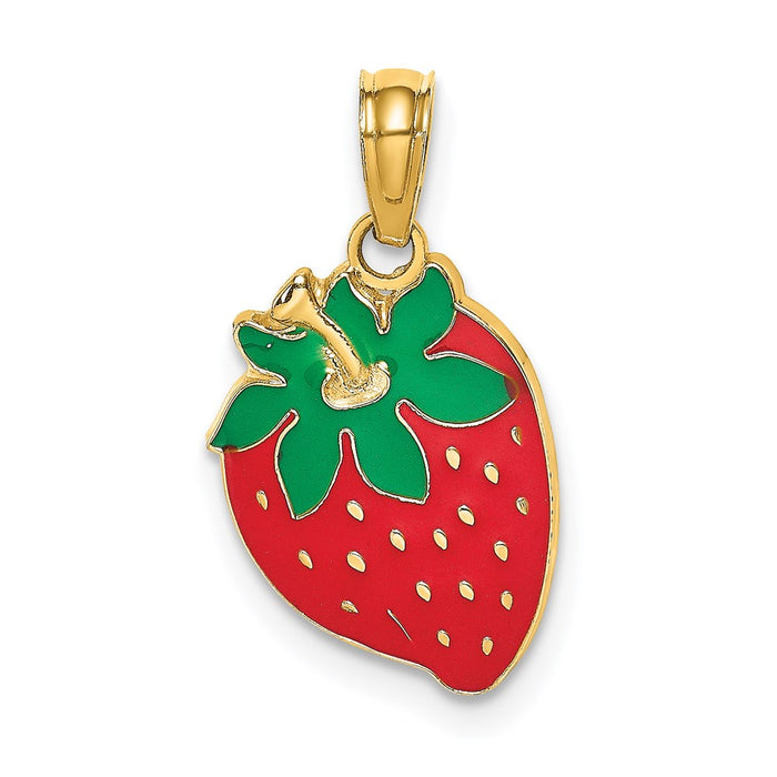 Million Charms 14K Yellow Gold Themed With Enamel 2-D Strawberry With Stem & Leaf Charm