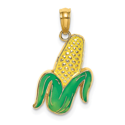 Million Charms 14K Yellow Gold Themed With Enamel 2-D Corn With Peeled Husk Charm